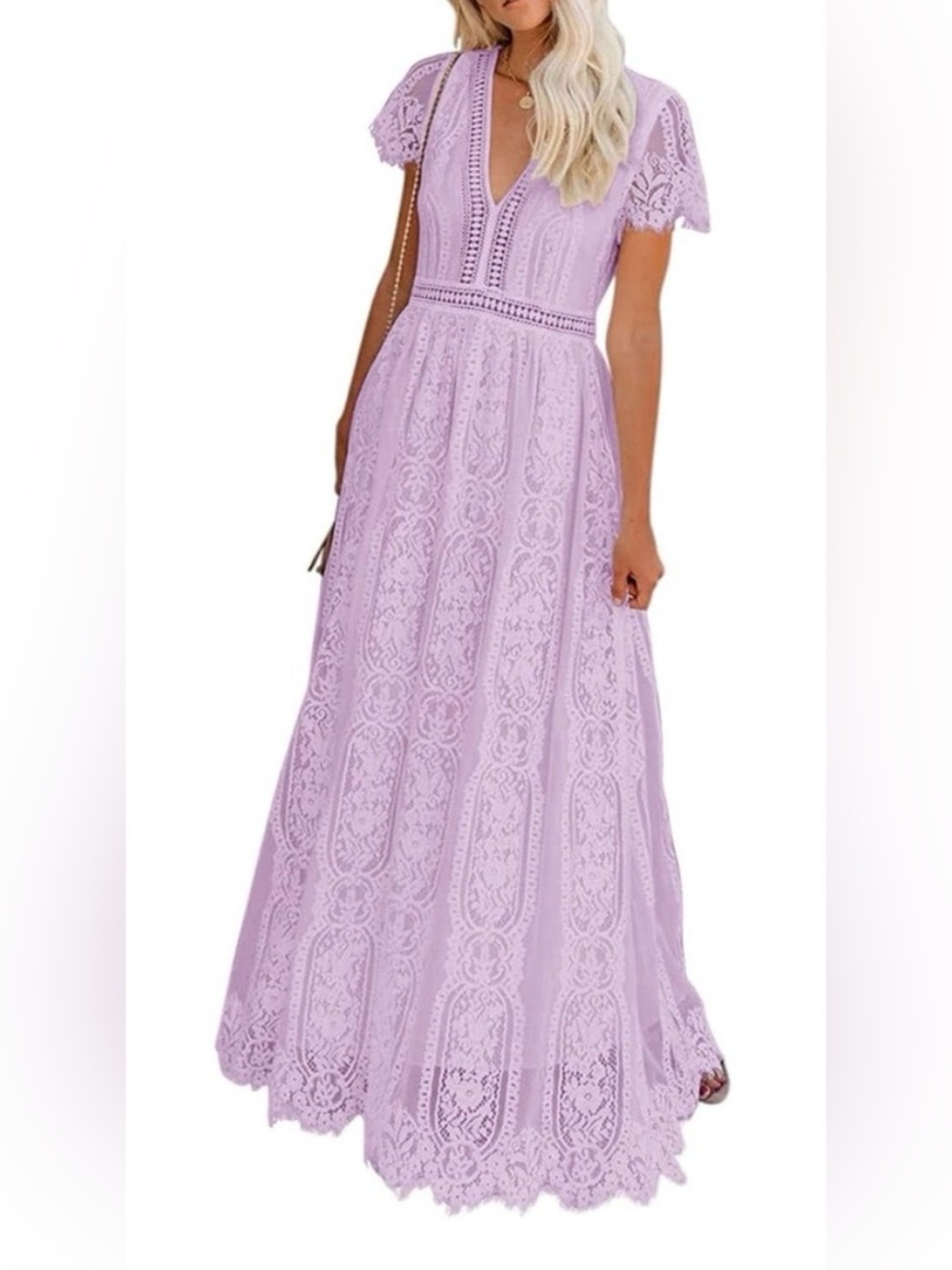 Merokeety Boho Lace Maxi Dress in Lavender with V-Neck